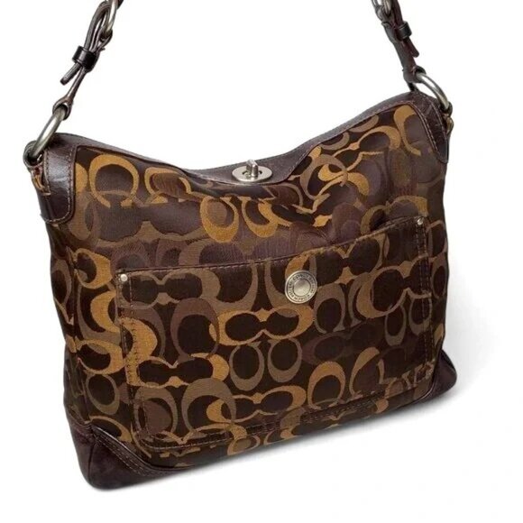 Coach Chelsea Shoulder Purse Women's Signature Canvas Twist Latch Suede Bottom - Picture 2 of 7